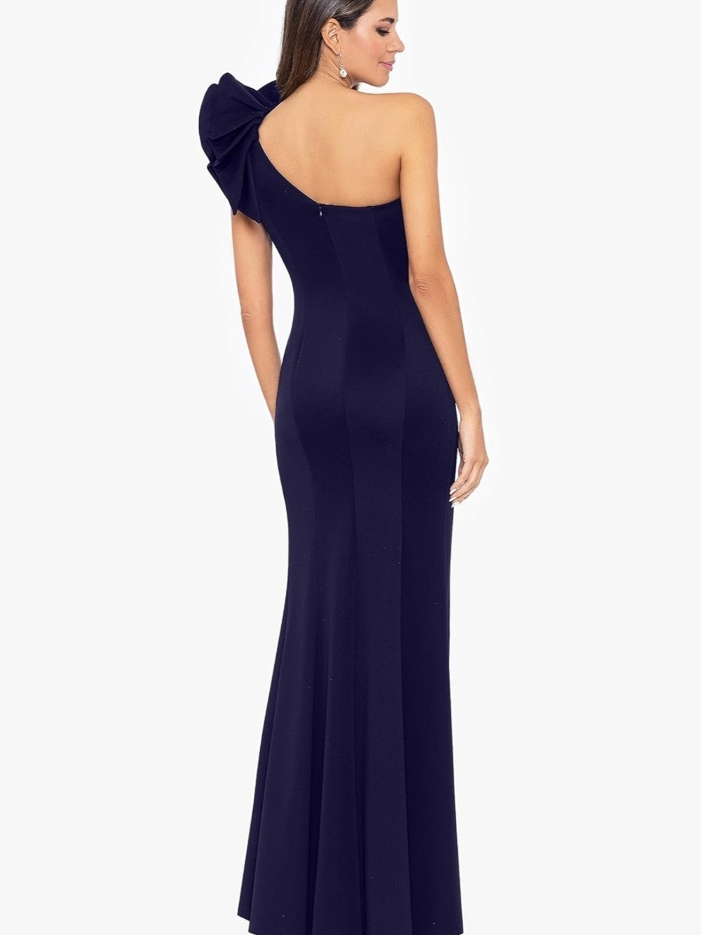 Betsy & Adam One-Shoulder Navy Gown with Statement Bow